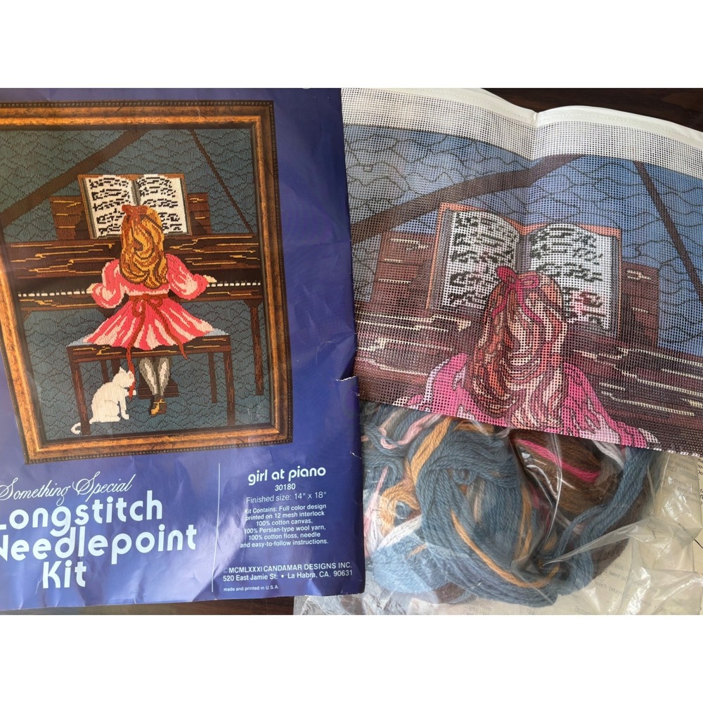 Vtg1981 Candamar Designs Girl at Piano Longstitch Needlepoint Kit‎ 30180 14x18